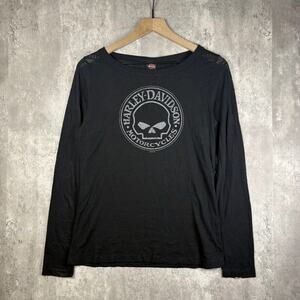 Y2K Women's Harley Davidson Sheer Skulls Black Long Sleeve Tee M